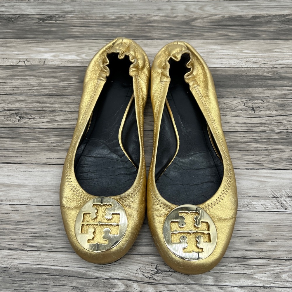Tory Burch Gold Foil Leather Reva Scrunch Ballet Flats